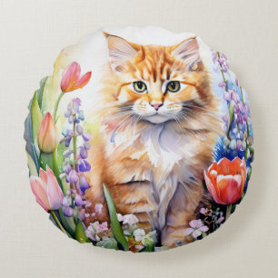 Coussins Ronds Aquarelle Orange Tabby Kitty Chat Dans Le Jardin F