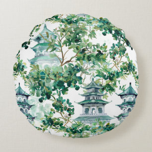 Coussins Ronds Aquarelle Pagode asiatique dans paysage verdoyant