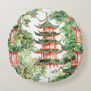 Coussins Ronds Aquarelle Pagode asiatique dans paysage verdoyant 