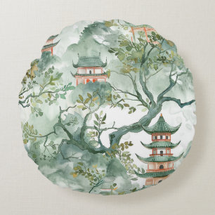 Coussins Ronds Aquarelle Pagode asiatique dans paysage verdoyant