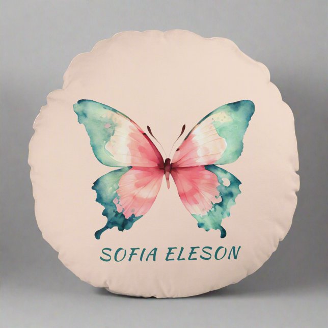 Coussins Ronds Aquarelle Papillon Élégant Blush Pink Nom (Créateur téléchargé)