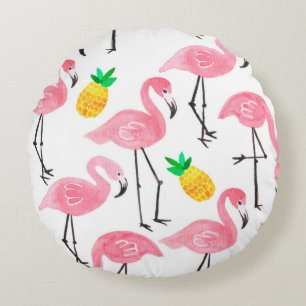 Coussins Ronds Aquarelle rose flamant rose et ananas jaune