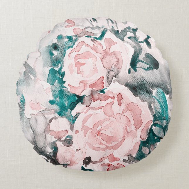 Coussins Ronds Aquarelle Roses rose, Turquoise, gris (Devant)