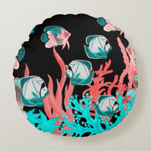 Coussins Ronds Aquarelle sans couture motif avec poissons exotiqu