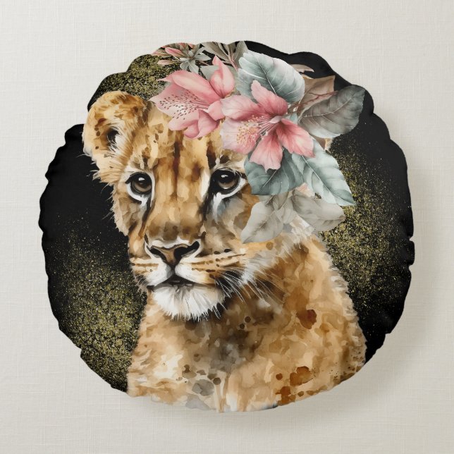 Coussins Ronds Aquarelle Tiger Floral Art (Devant)