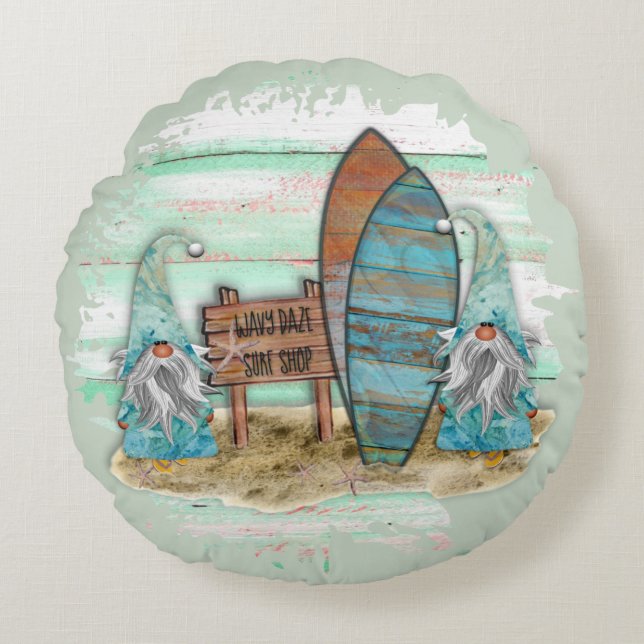 Coussins Ronds Aquarelle Tropical Surfing Beach Gnomes (Devant)