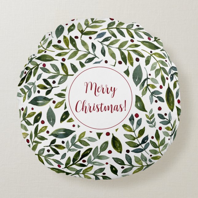 Coussins Ronds Aquarelle verte branches saisonnières et baies (Devant)