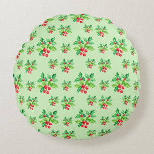 Coussins Ronds Aquarelle verte simple Holly Berries Xmas Motif