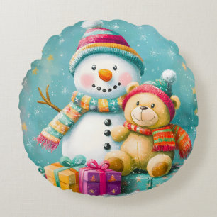 Coussins Ronds Aquarelle vintage Ours Snowman Noël Joie