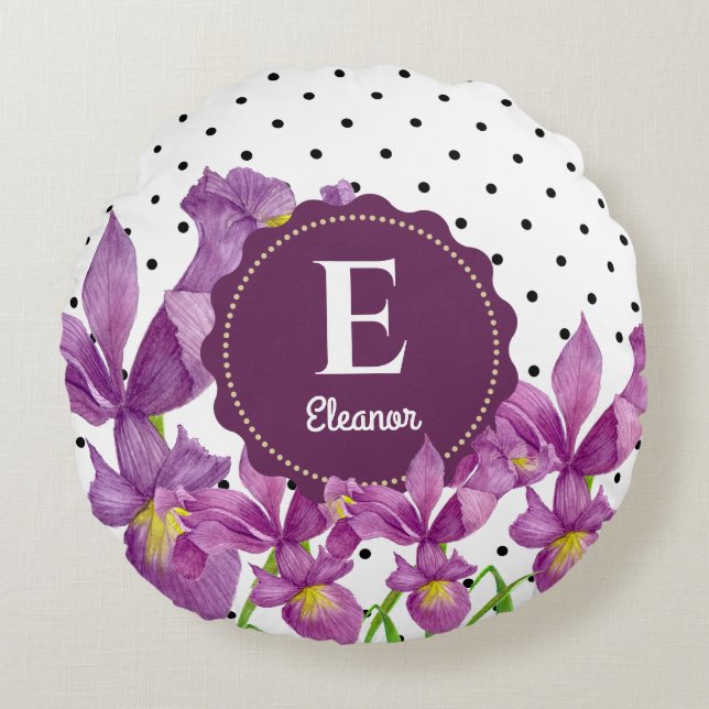 Coussins Ronds Aquarelle violet Iris noir blanc Pois (Devant)