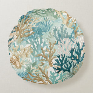 Coussins Ronds Aquarelles Bleu Vert Turquoise de Récif de Corail