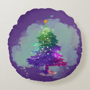 Coussins Ronds Arbre de Noël moderne aquarelle coloré
