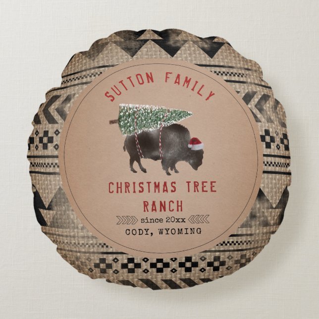 Coussins Ronds Arbre de Noël Père Noël Buffalo Burlap (Devant)