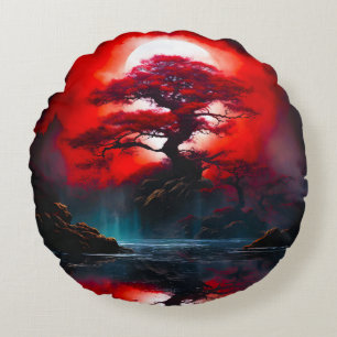 Coussins Ronds Arbre rouge mystique sous la pleine lune
