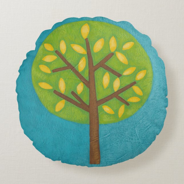 Coussins Ronds Arbre vert avec Feuilles jaunes par Chariklia Zarr (Devant)