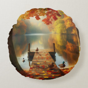 Coussins Ronds Arbres d'automne & lac avec canards