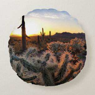 Coussins Ronds Arizona Sunset Sonoran Desert Avec Saguaro Cactus