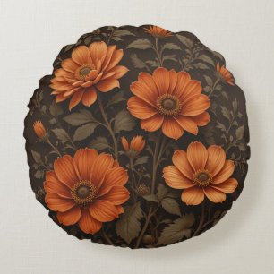Coussins Ronds Arrière - plan brun foncé et fleurs orangées brûlé