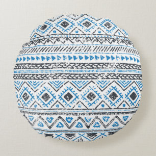 Coussins Ronds Arrière - plan sans couture blanc bleu ethnique.