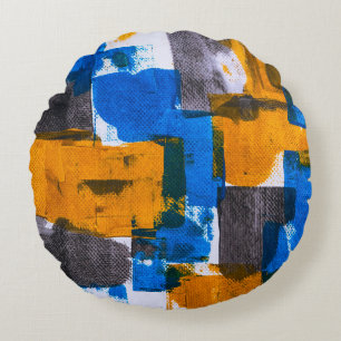 Coussins Ronds Art abstrait bleu, orange et gris