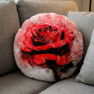 Coussins Ronds Art aquarelle d'une rose rouge sur fond blanc