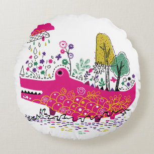 Coussins Ronds Art de crocodile sauvage dessiné à la main