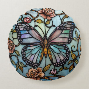 Coussins Ronds art de vitrail papillon bleu vintage 