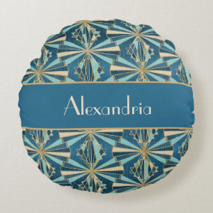 Coussins Ronds Art Déco Géométrique Or, Bleu & Sarcelle Luxe Glam