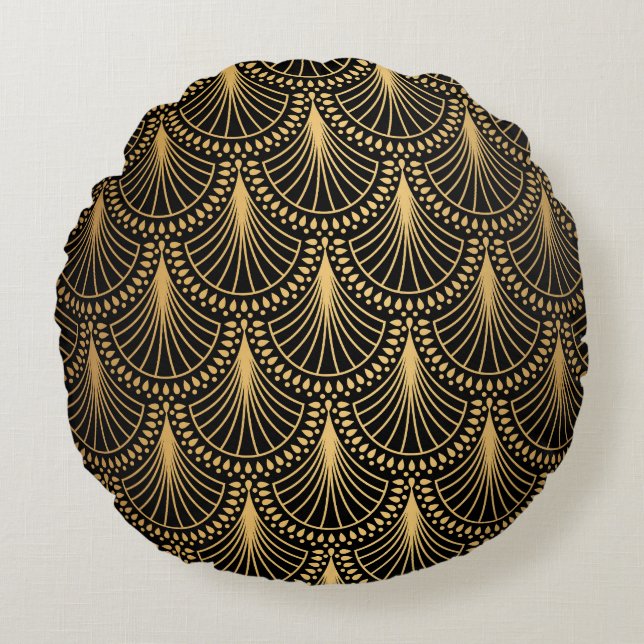Coussins Ronds Art Déco, or noir, motif sans soudure. (Devant)