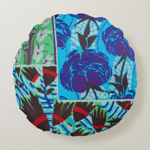 Coussins Ronds Art floral bleu et vert maximaliste vibrant