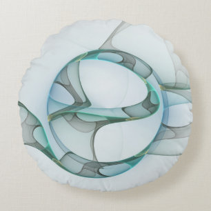 Coussins Ronds Art fractal abstrait moderne bleu turquoise gris