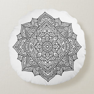 Coussins Ronds Art mandala à la ligne noire complexe