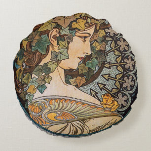 Coussins Ronds Art Nouveau Alphonse Mucha's Déesse de la Nature