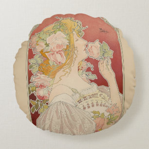 Coussins Ronds Art Nouveau Belle Époque Dame Roses Livemont