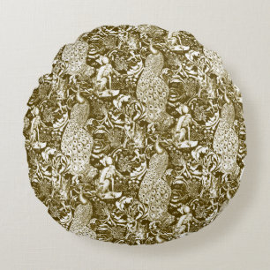 Coussins Ronds Art Nouveau Peacock Imprimer, Brown et crème
