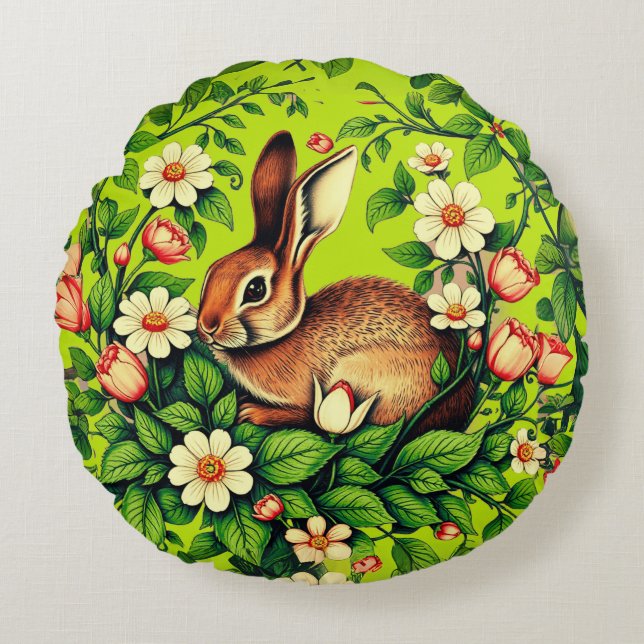 Coussins Ronds Art Nouveau Wild Rabbit and Flowers (Devant)