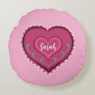 Coussins Ronds Art populaire style coeur rose ornement décoré