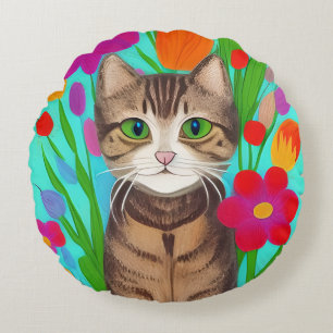 Coussins Ronds Art populaire Style Whimsical Chat et Fleurs