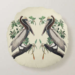 Coussins Ronds Art vintage d'Audubon sur le Pélican brun, oiseau