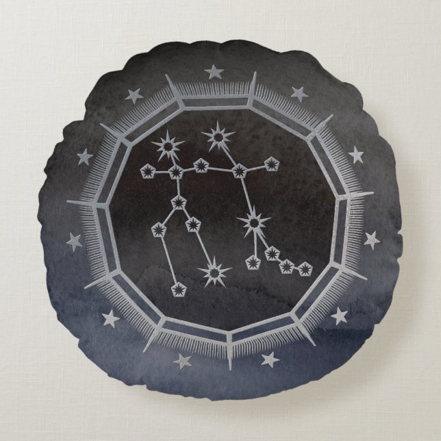 Coussins Ronds Astrologie Zodiaque foncée : Gemini Black & Silver (Devant)