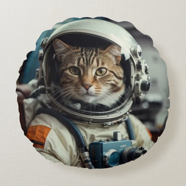Coussins Ronds Astronaute de chat gris dans l'espace (Devant)