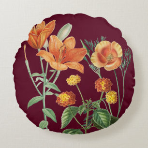 Coussins Ronds Automne Aquarelle d'automne Orange Floral Bourgogn