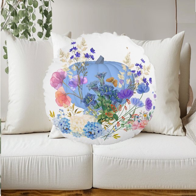 Coussins Ronds Automne Automne Citrouille Pastel Bleu Botanique F (Autumn Fall Pumpkin Pastel Blue Botanical Floral Round Pillow)
