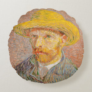 Coussins Ronds Autoportrait de Vincent Van Gogh avec chapeau de p