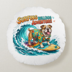 Coussins Ronds Aventure de surf rétro Bulldog - Plage vintage