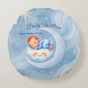 Coussins Ronds Baby Boy Douche Invitation Lune Étoiles Aquarelle