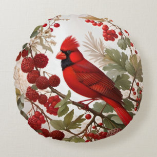 Coussins Ronds Baies rouges d'oiseaux du Cardinal Nord