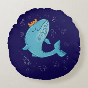 Coussins Ronds Baleine Roi avec Couronne Art Populaire Océaniqu