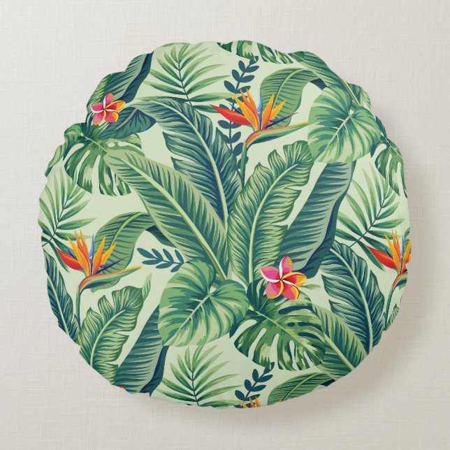 Coussins Ronds Banane tropicale Monstera Palm Feuilles & Fleurs (Devant)