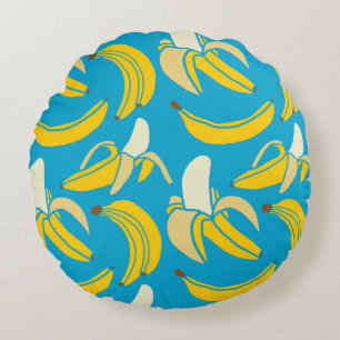 Coussins Ronds Bananes jaunes, motif arrière - plan bleu